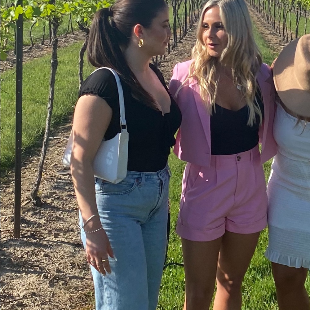 Pink shorts and matching crop suit jacket